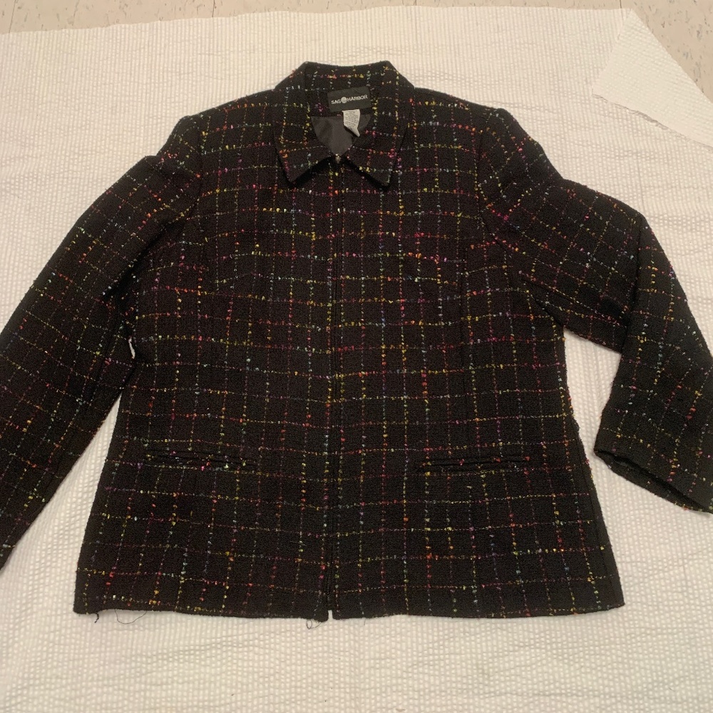 Sag Harbour black multi color zip front blazer Size 12